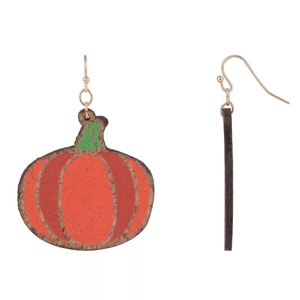 Fall Pumpkin Drop Earrings Natural Cork Orange Green Lightweight NWT